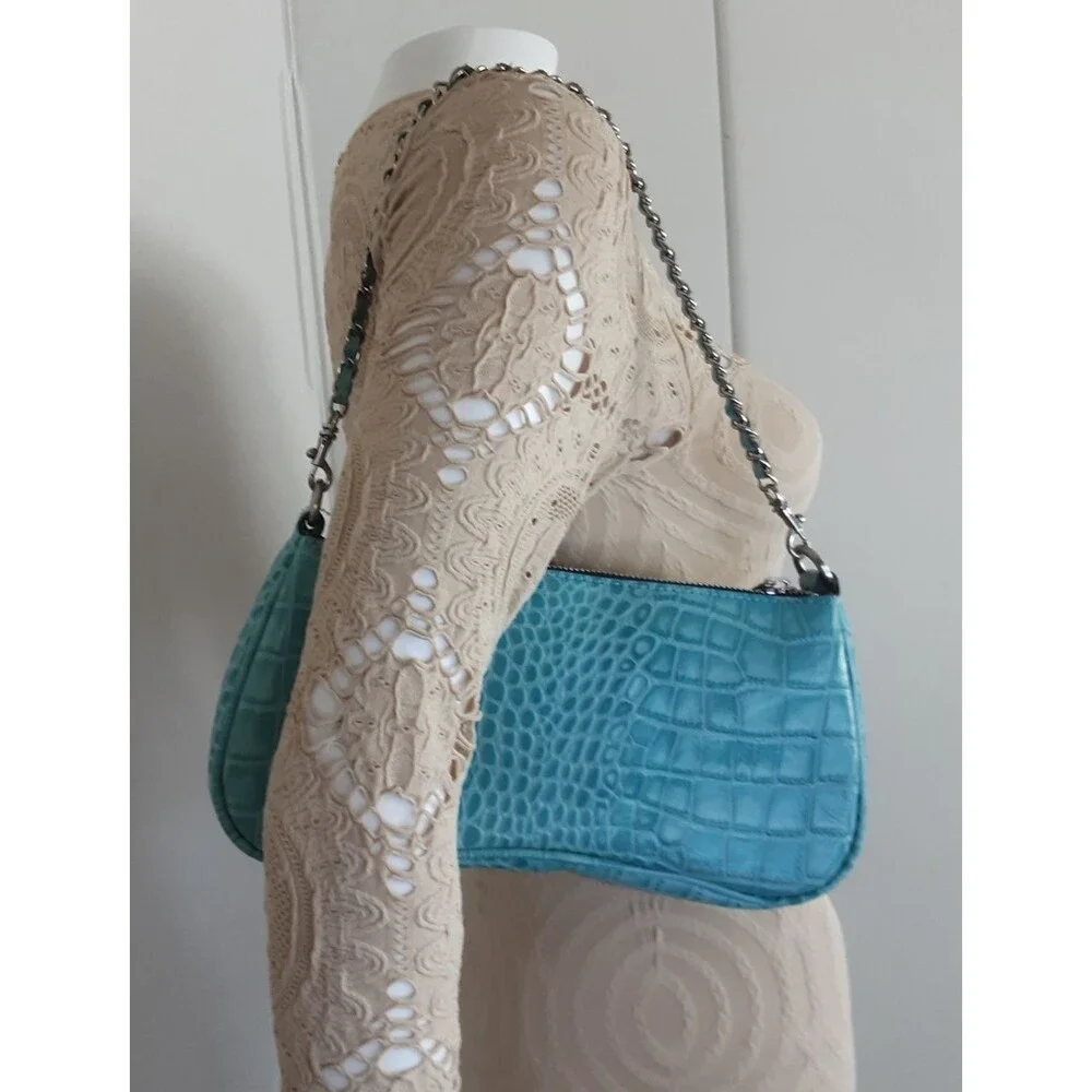 PATRICIA NASH Riley Aqua Croc Embossed Leather Baguette Crossbody - NWT